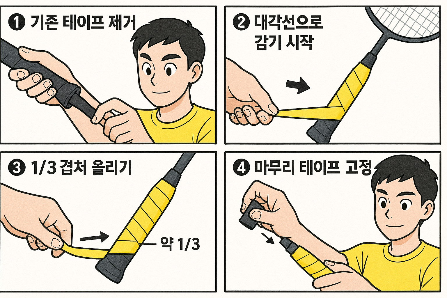 배드민턴 오버그립 감기 4단계