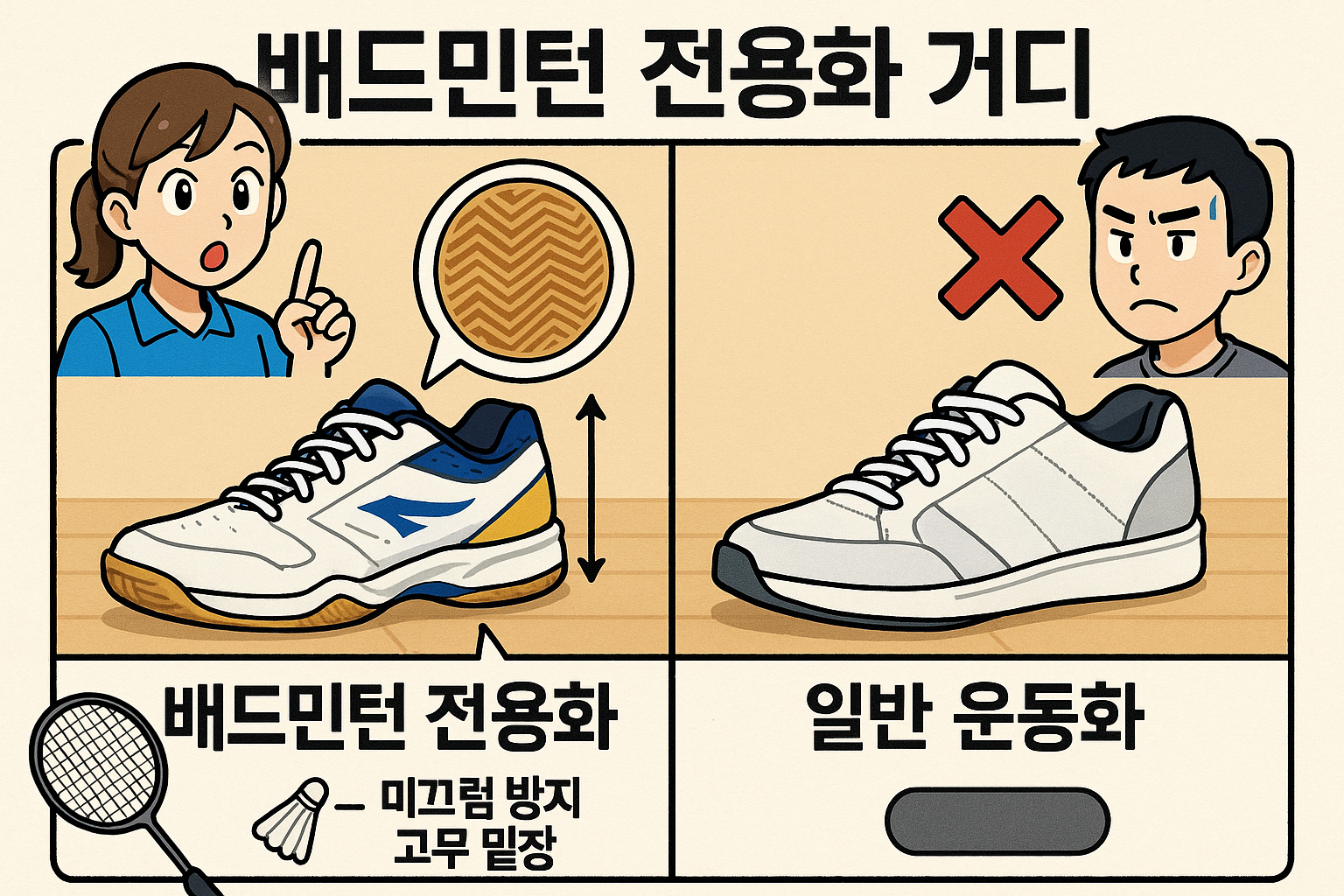 배드민턴 전용 실내화 — 논슬립 아웃솔과 측방 지지 구조