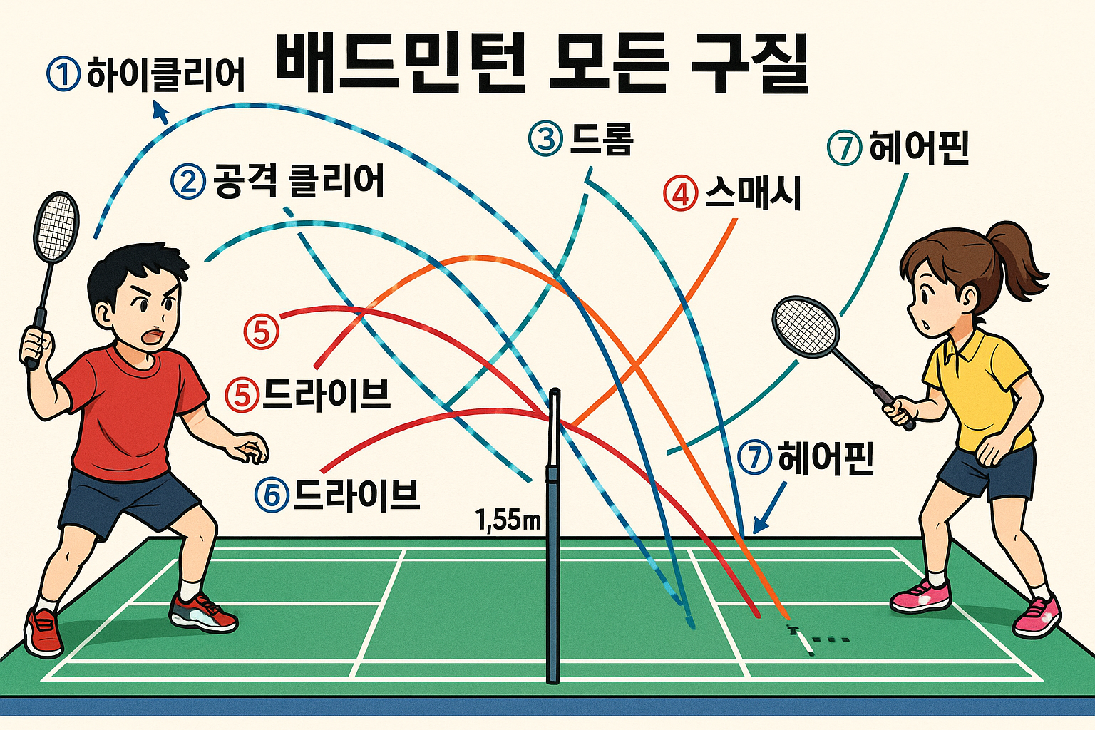 배드민턴 샷별 궤적 비교 — 클리어·스매시·드롭·헤어핀·드라이브
