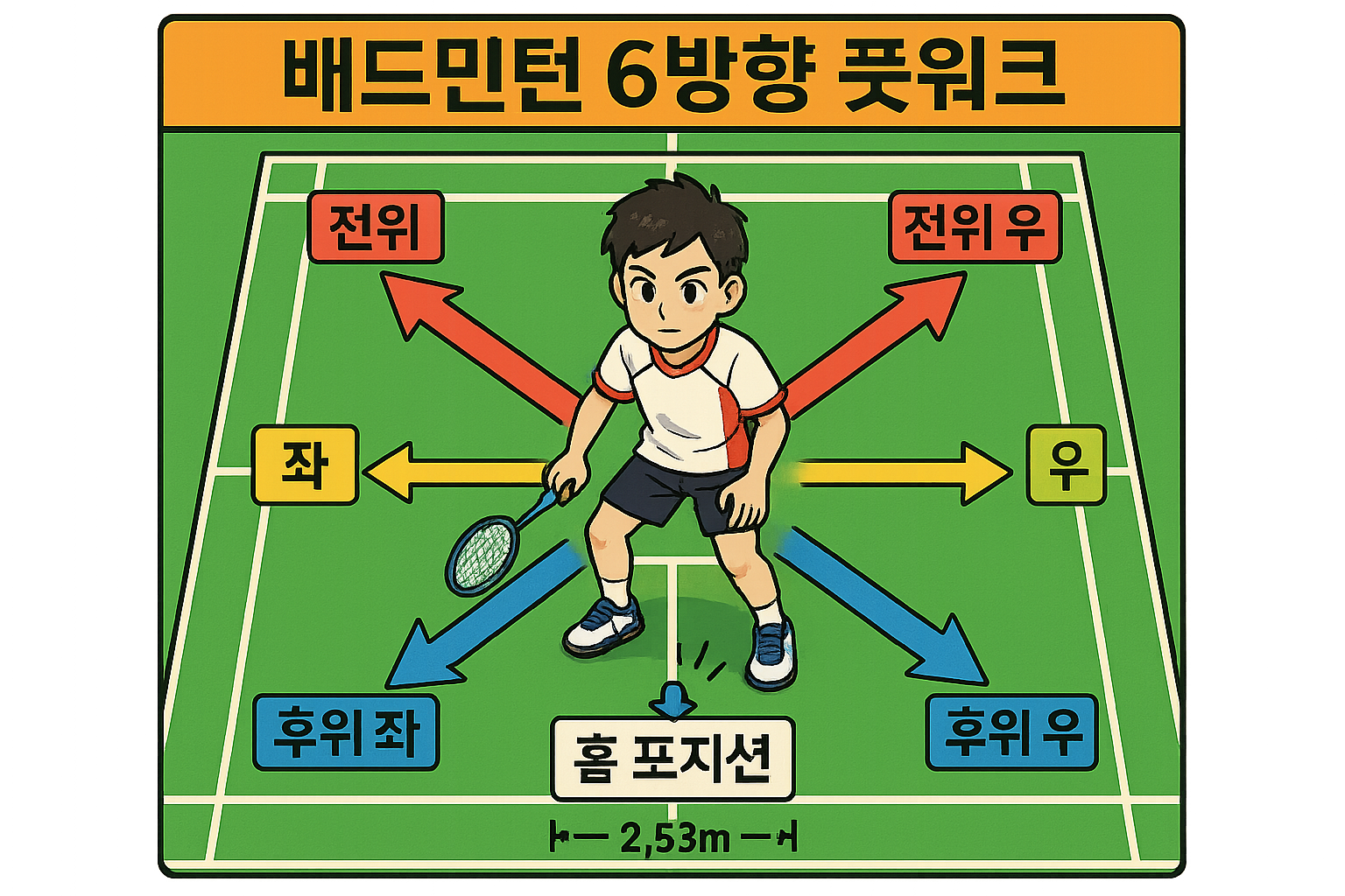 배드민턴 6방향 풋워크 패턴 다이어그램