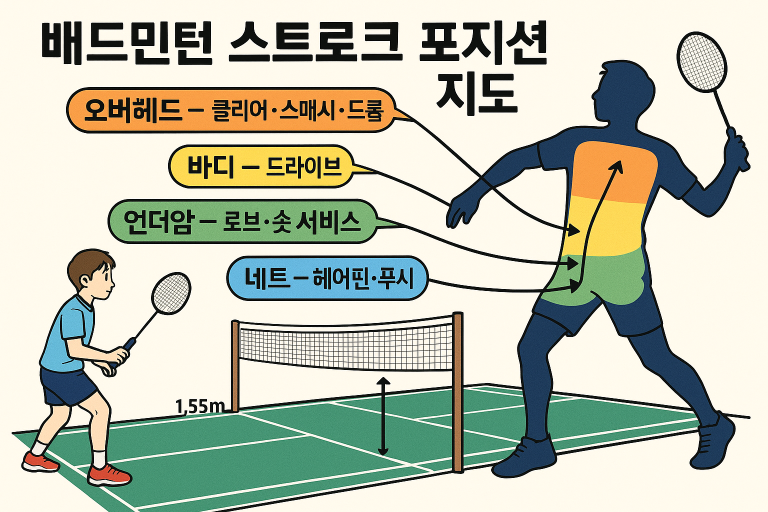 코트 구역별 스트로크 배치도 — 전위/중위/후위