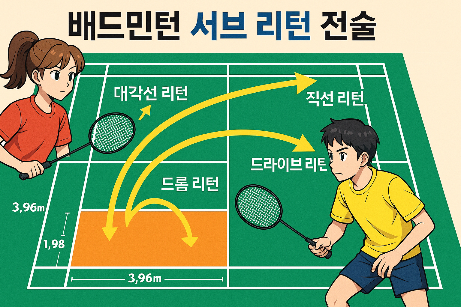 서브 리턴 전술 도해 — 대각선·직선·드롭·드라이브 리턴