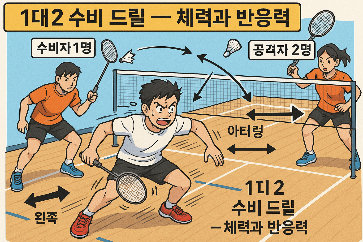 배드민턴 1대2 수비 훈련 코트도