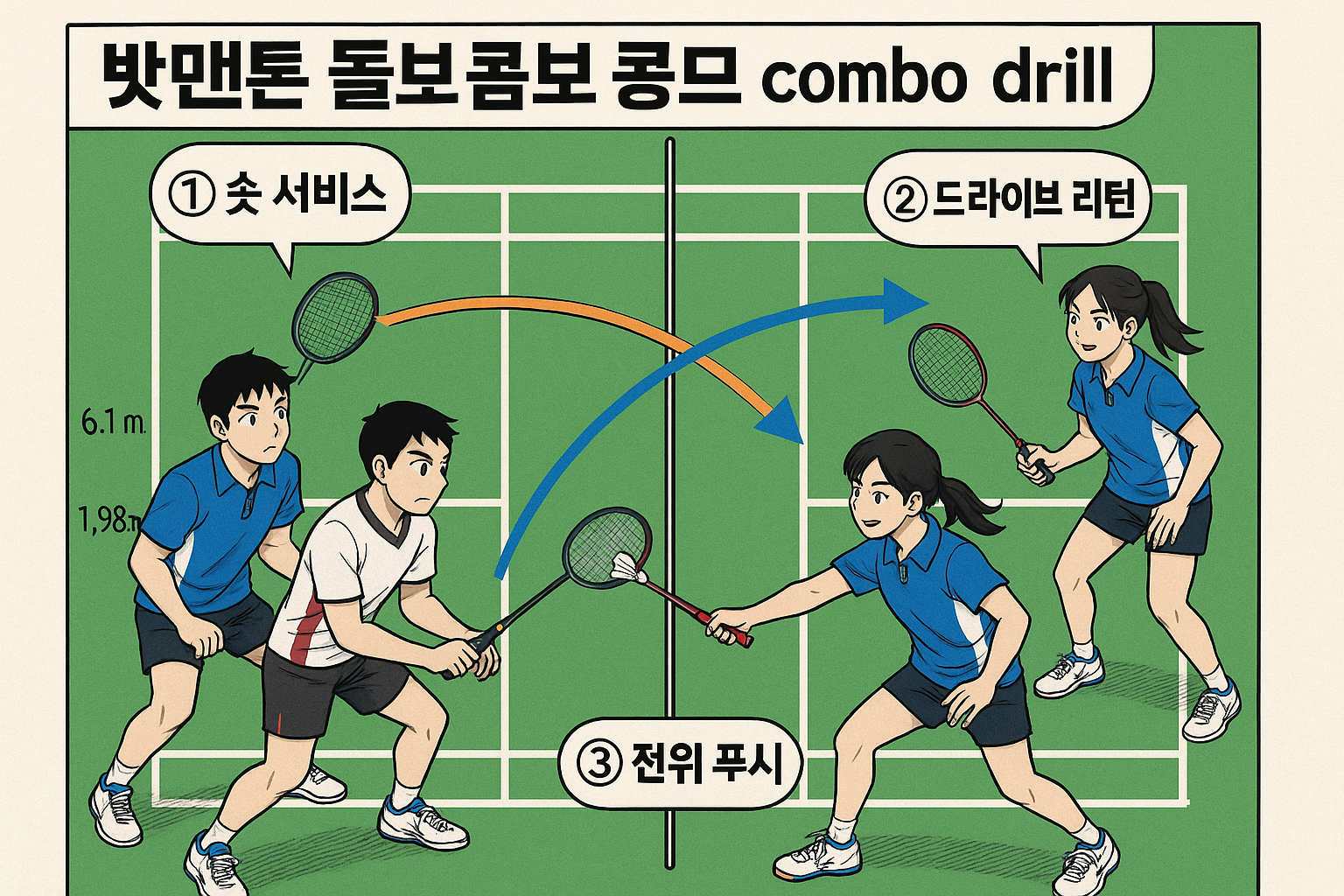 복식 전위-후위 포메이션 — 숏서비스 후 드라이브 대응