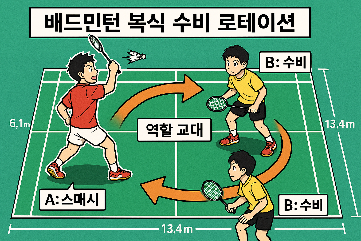 복식 수비 포메이션 — 공격→수비 전환