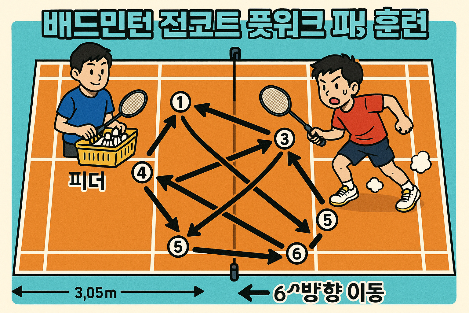 올코트 풋워크 — 6방향 무작위 이동 드릴