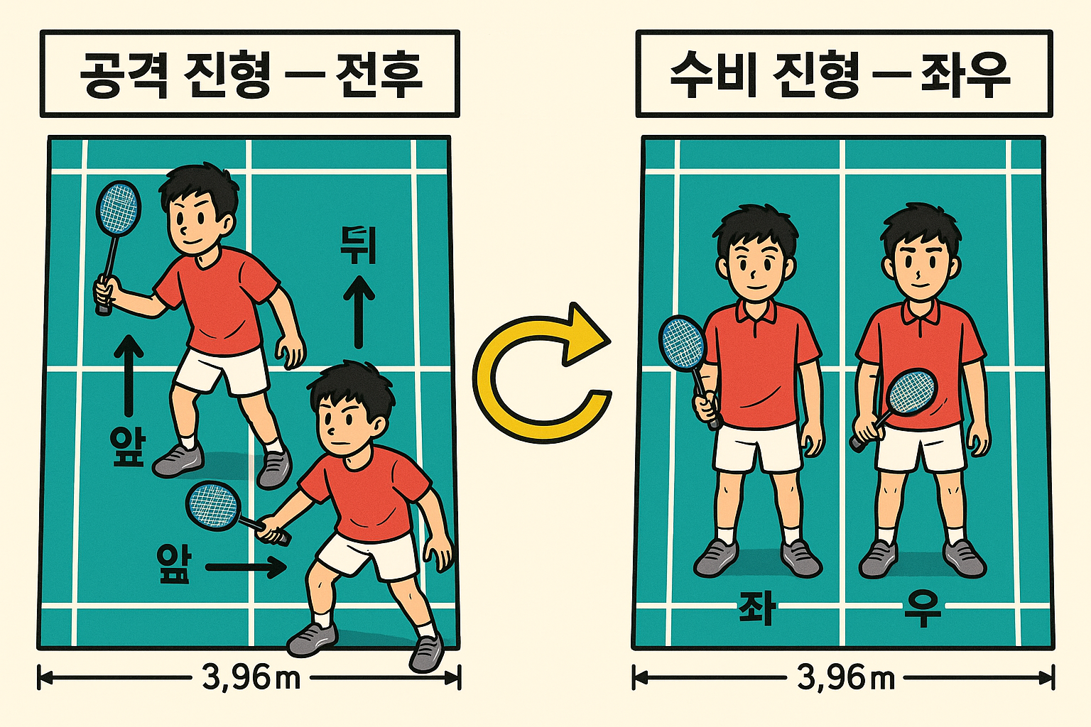 배드민턴 복식 포메이션 — 공격/수비 진형 비교