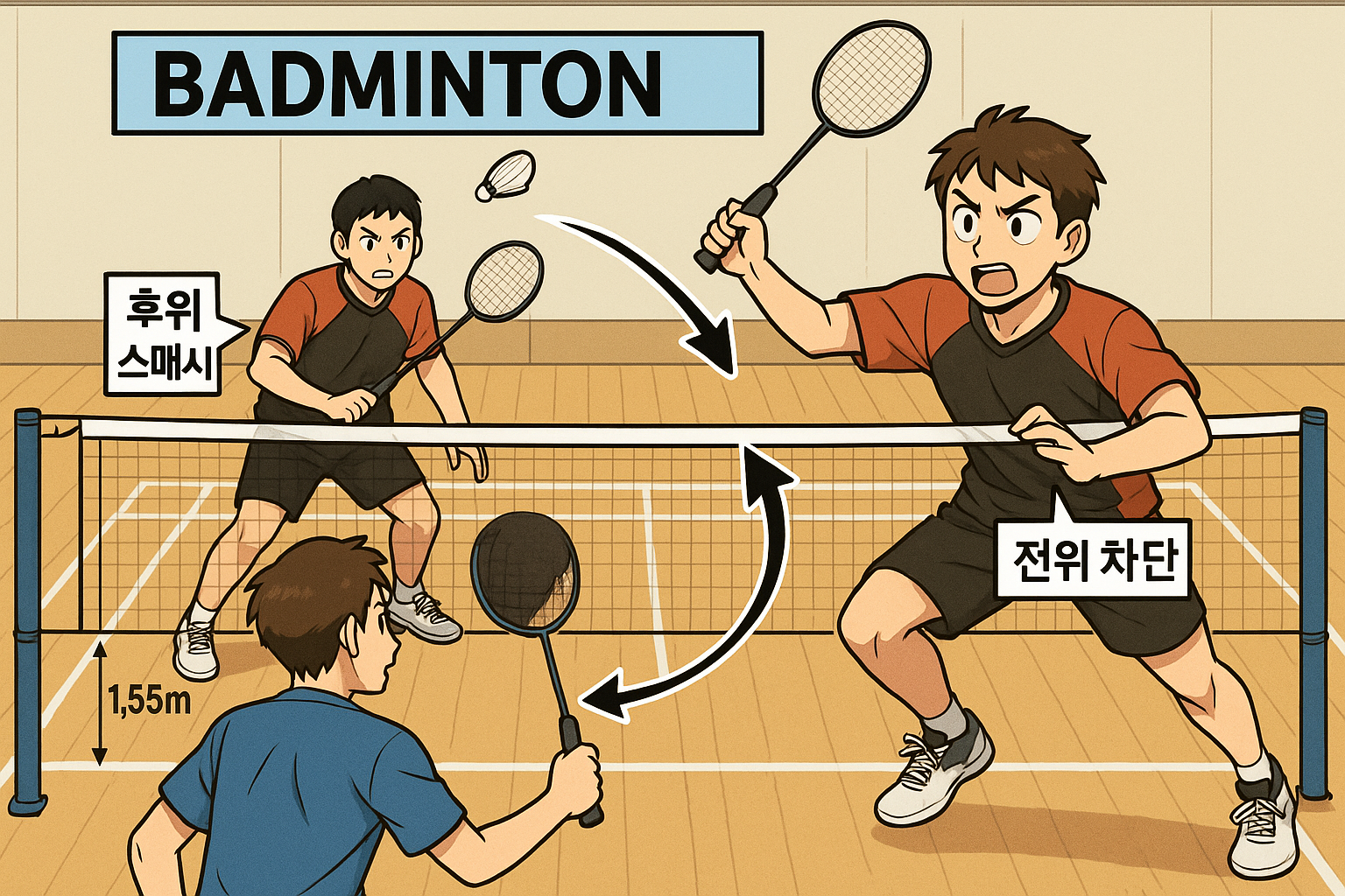 배드민턴 복식 경기 장면