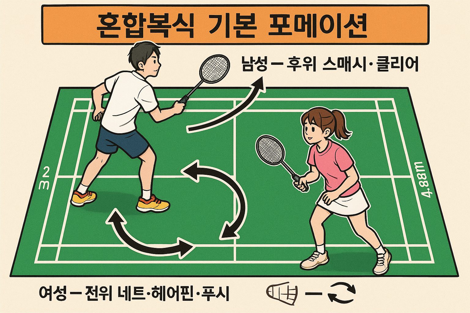 혼합복식 남녀 역할 분담 포메이션 다이어그램