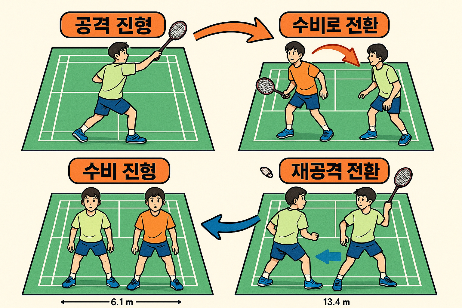 복식 포메이션 전환 원리 — 공격↔수비