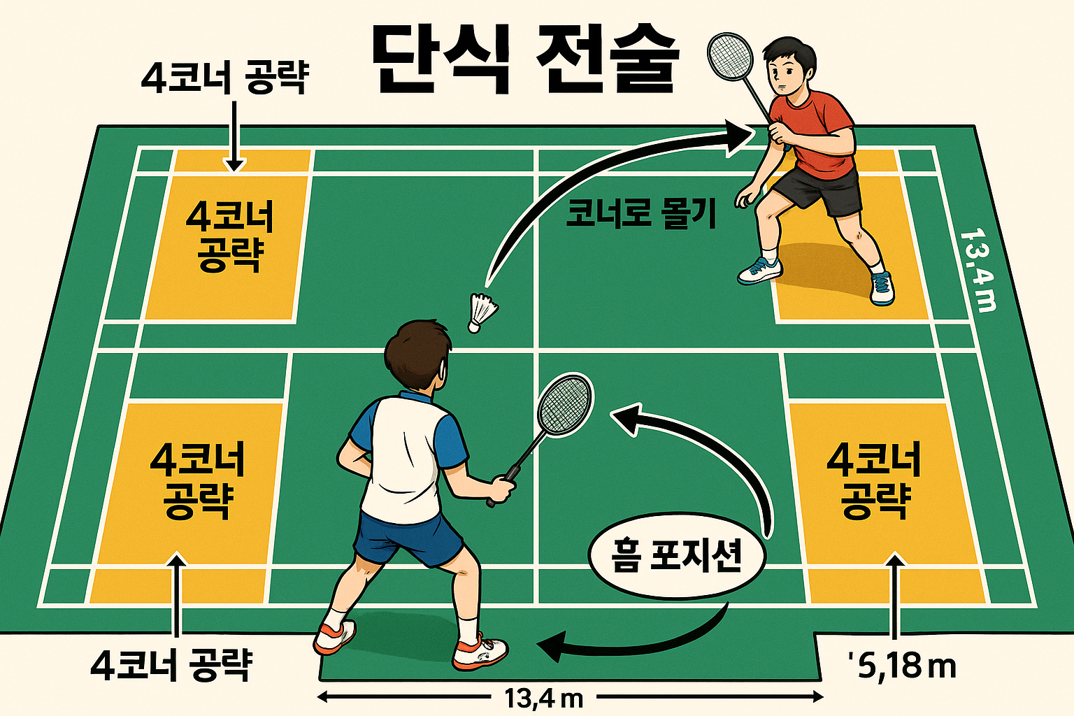 배드민턴 단식 4코너 전술 다이어그램