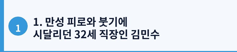 1. 만성 피로와 붓기에 시달리던 32세 직장인 김민수 씨의 오프닝 스토리